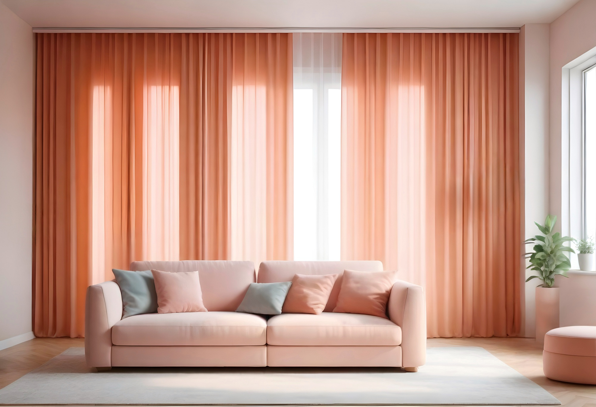 A light pink sofa with pastel pillows sits in front of floor-to-ceiling peach curtains in a bright living room with large windows and a potted plant.