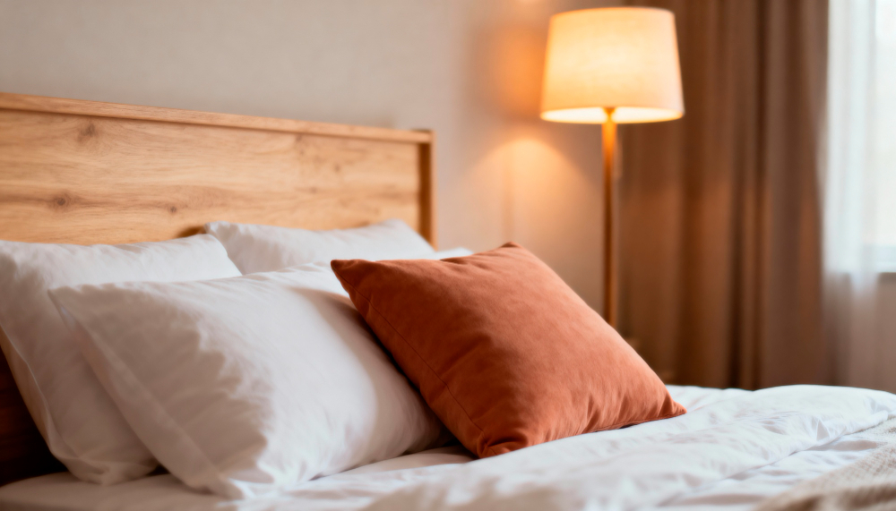 A neatly made bed with white pillows and a rust-colored accent pillow, wooden headboard, and a lit floor lamp in the background.