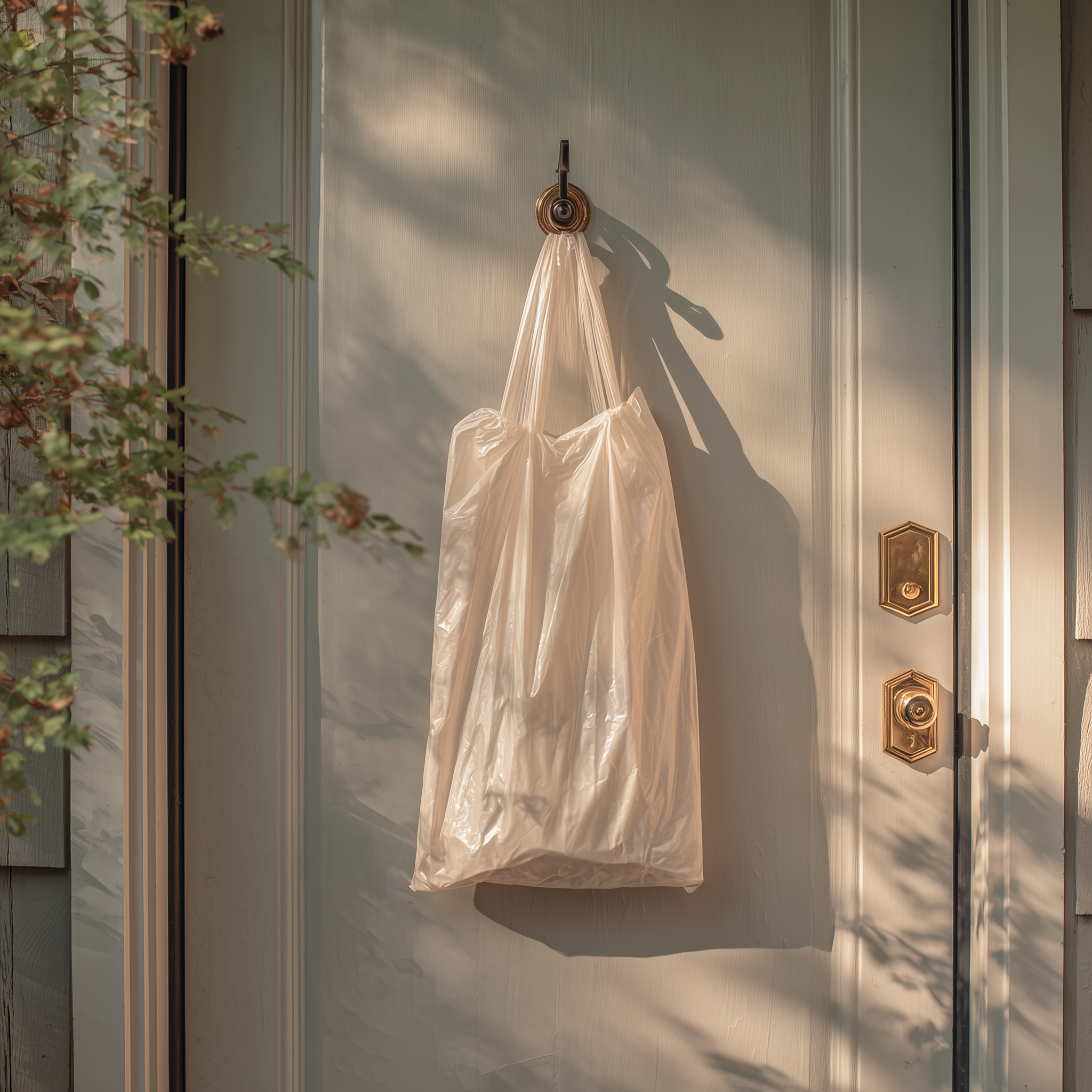 A plastic bag hangs from a hook on a closed front door, with sunlight casting shadows and part of a leafy plant visible at the side.