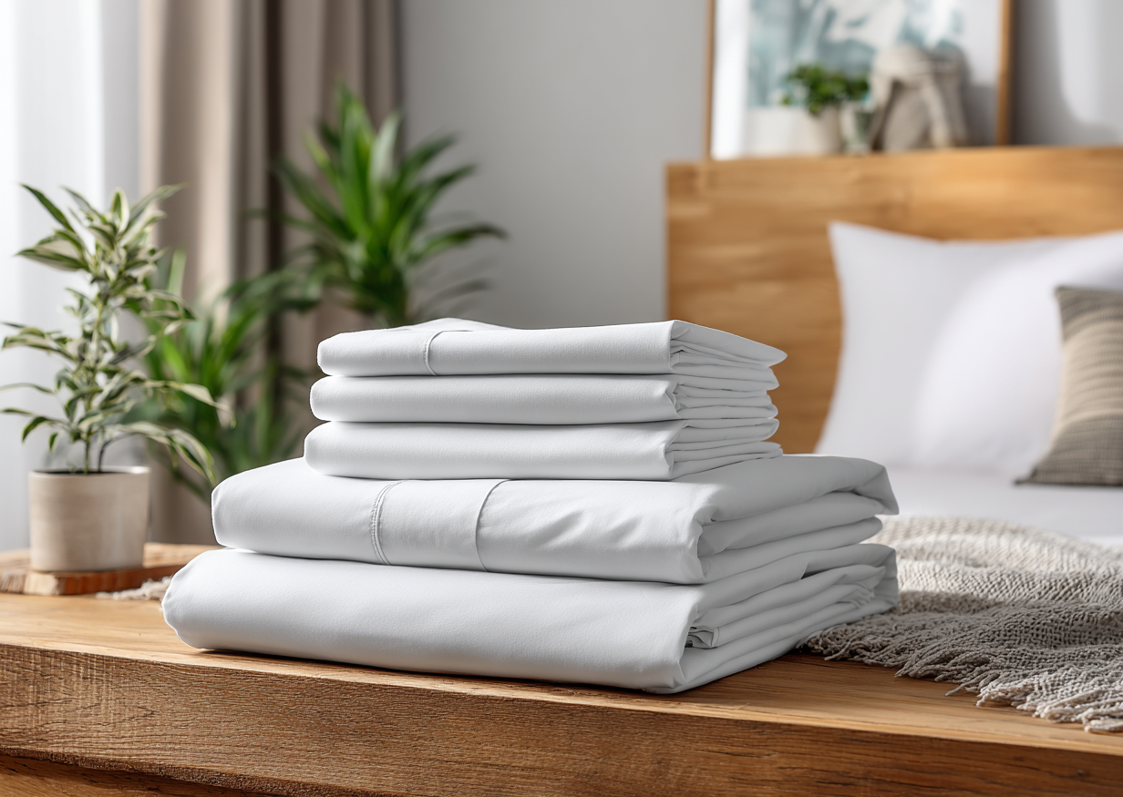 A neatly folded stack of white bed sheets sits on a wooden table in a modern, sunlit bedroom with plants and decor in the background.
