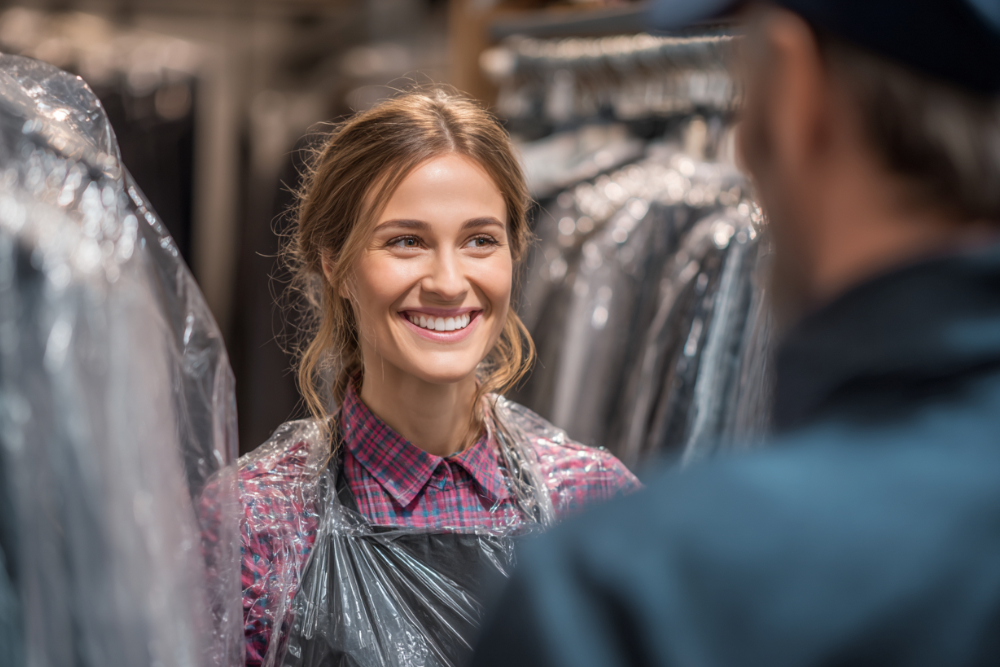 A woman in a plaid shirt smiles while standing among clothing covered in plastic at what appears to be a dry cleaning shop, facing a person in the foreground.