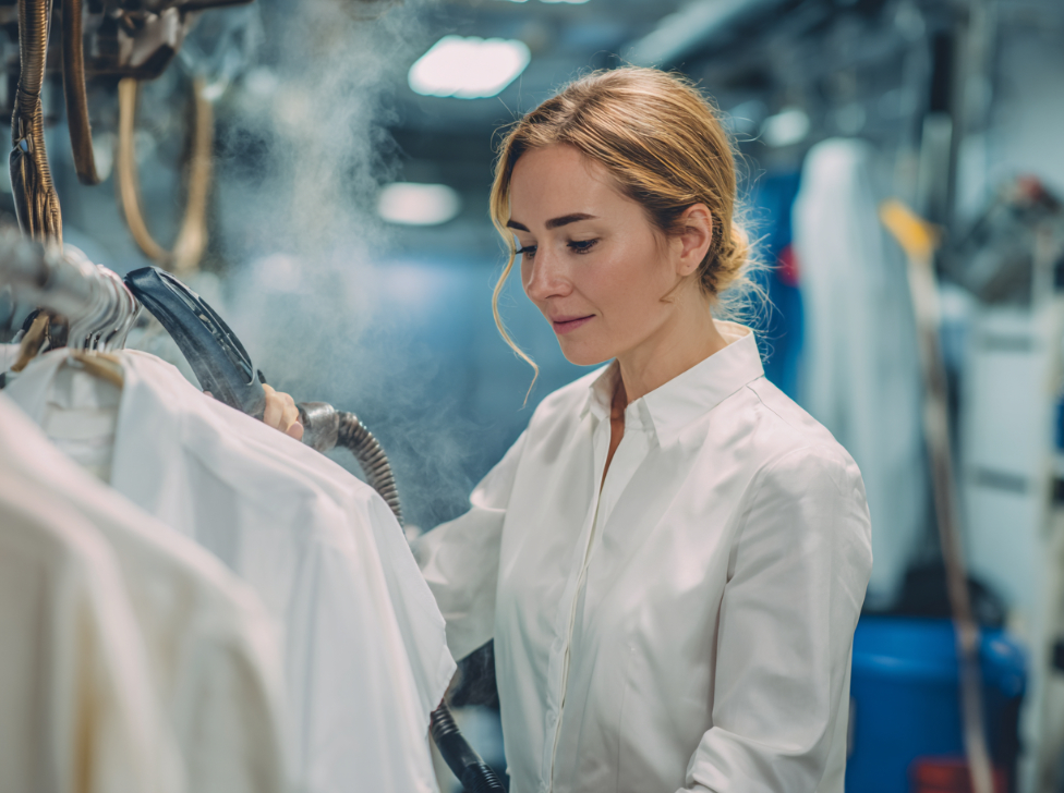 A woman steams a row of white shirts in a laundry or dry cleaning facility, surrounded by industrial equipment and garments.