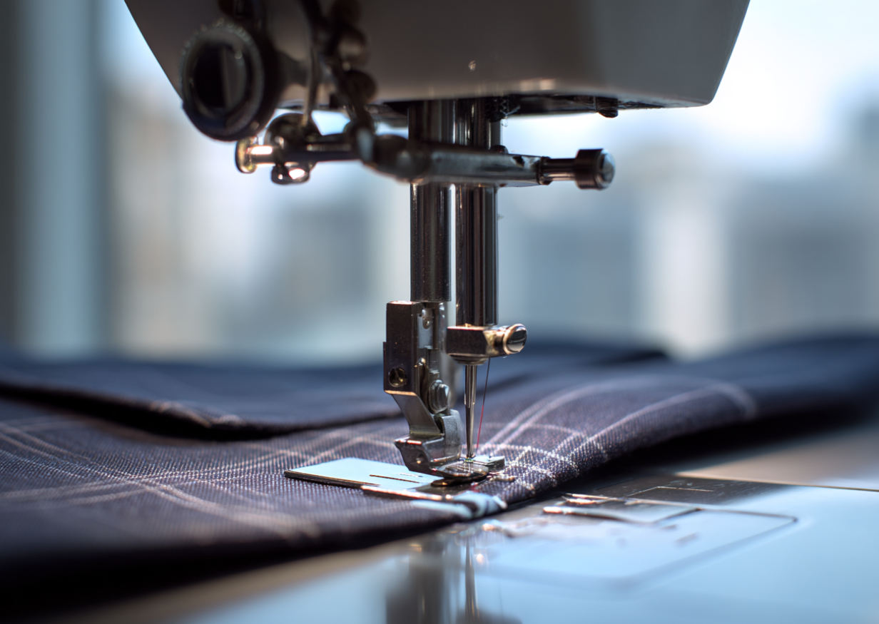 Close-up of a sewing machine needle stitching fabric with a blue plaid pattern in a well-lit setting.