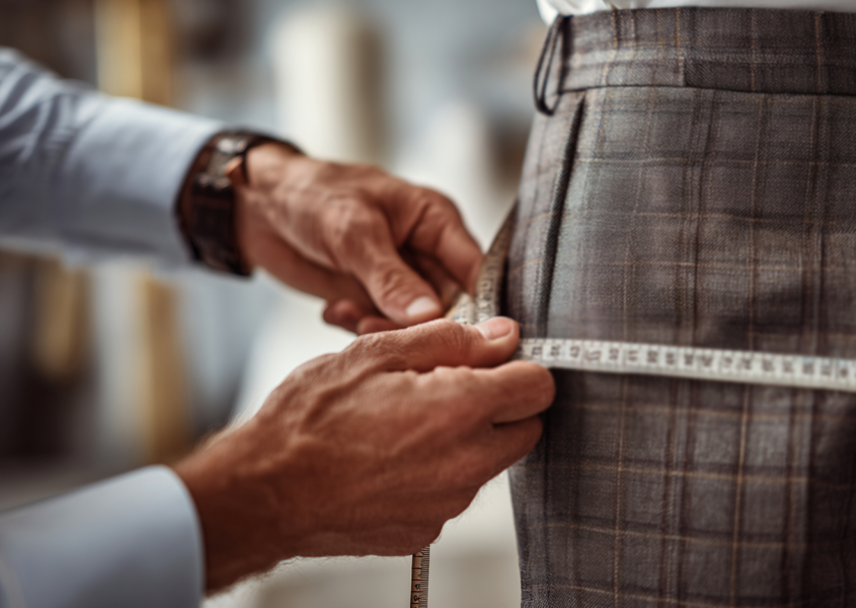 A person measures the waist of someone wearing plaid trousers with a measuring tape.