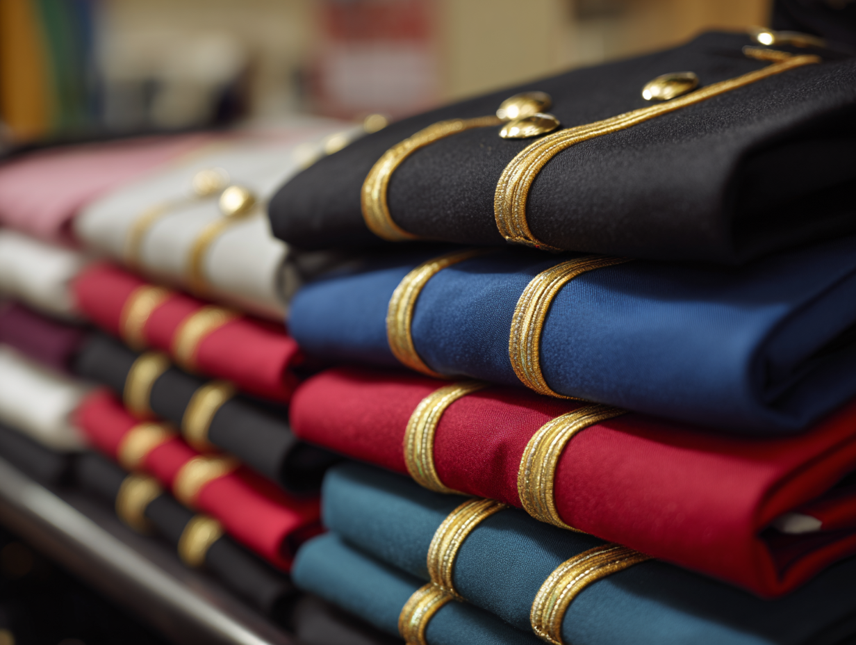 Neatly folded uniforms in black, blue, red, and white with gold trim and buttons are stacked in piles on a table.