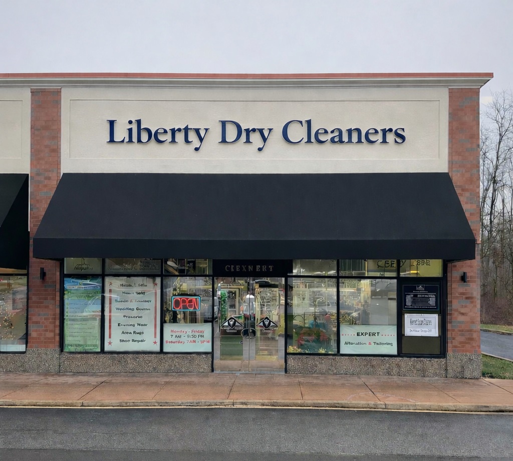 Storefront of Liberty Dry Cleaners with a black awning, large windows displaying signs, and an "OPEN" sign in the entrance.